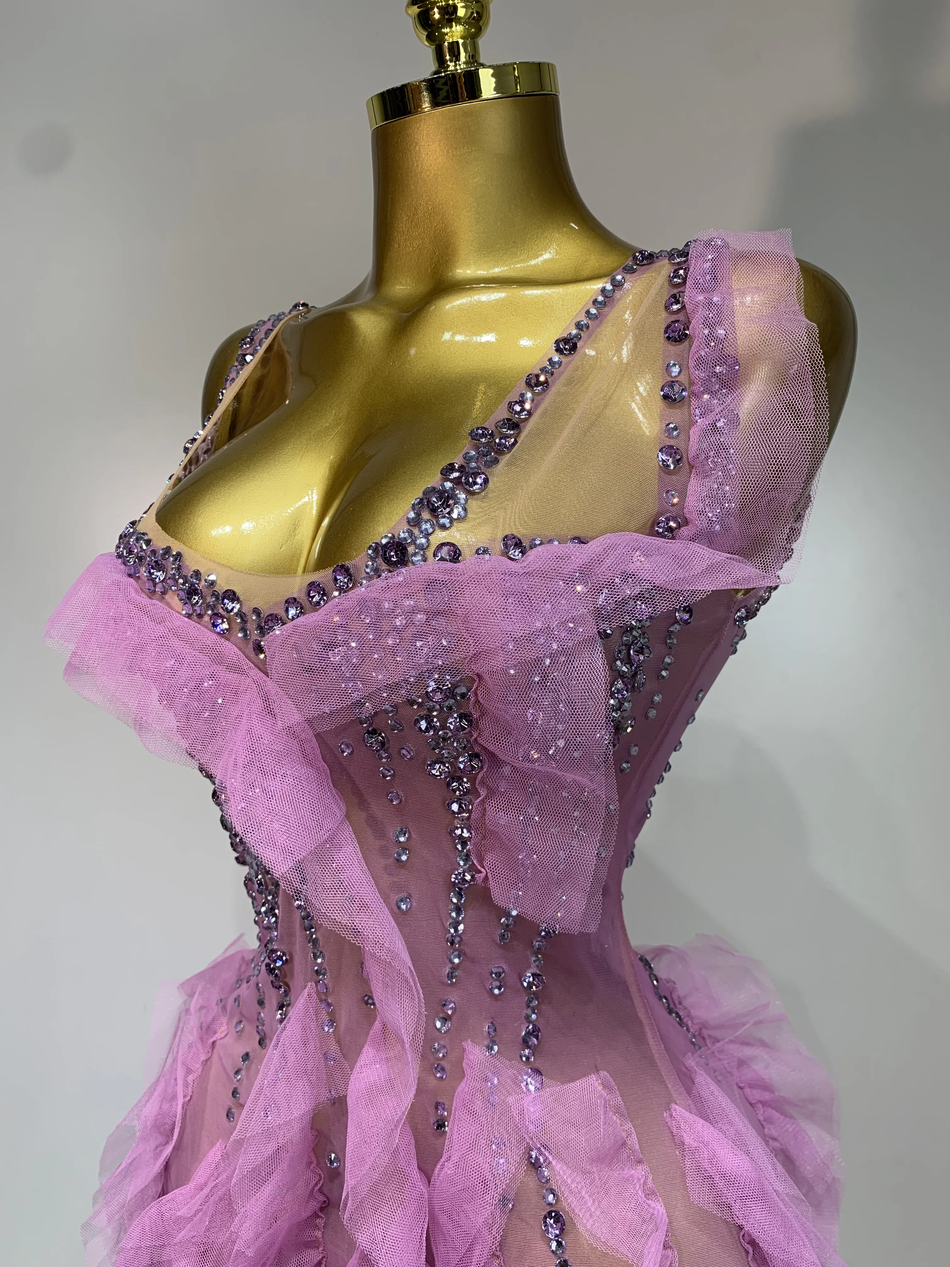 Women Sexy Mesh Ruffle See Through Mini Dress Sparkly Rhinestone Evening Party Prom Gown Nightclub Singer Stage Costume