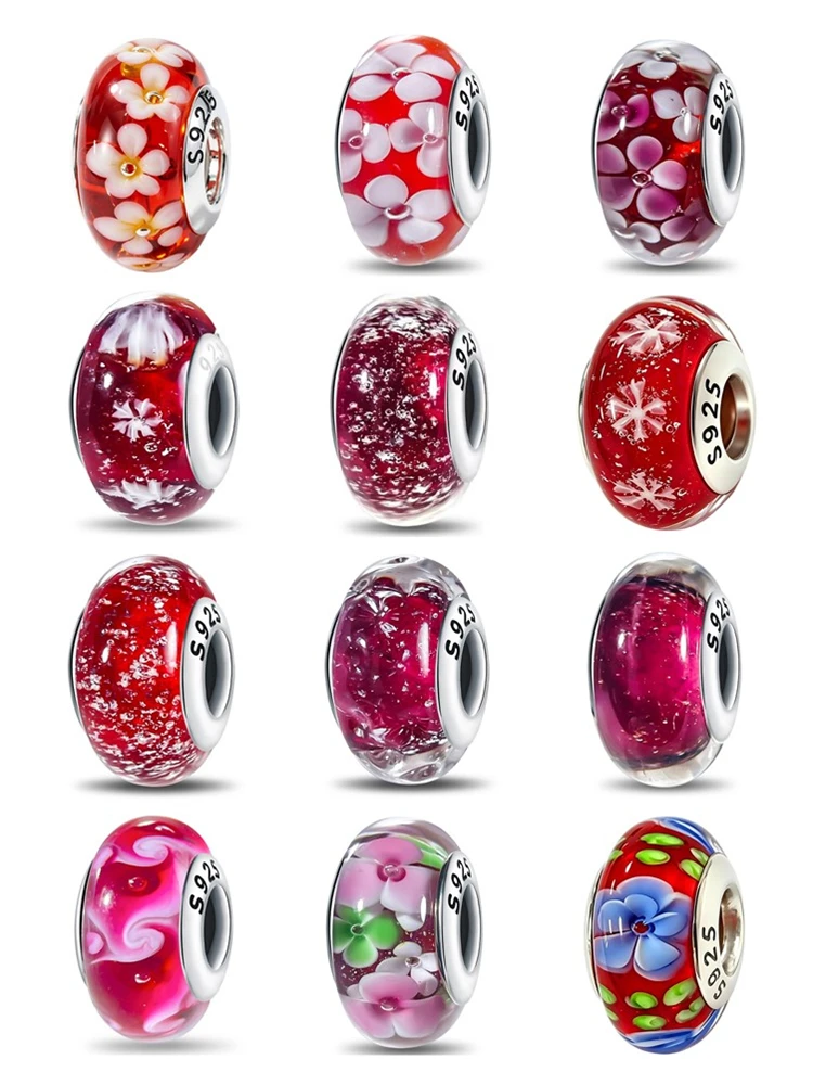 Real Sterling Silver 925 Flower Charms Glass New Original Bead Colorful Murano Fit Original Bracelet DIY for Women Jewelry Gifts