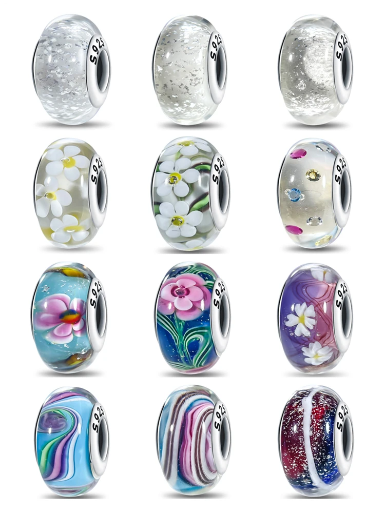 Real Sterling Silver 925 Flower Charms Glass New Original Bead Colorful Murano Fit Original Bracelet DIY for Women Jewelry Gifts