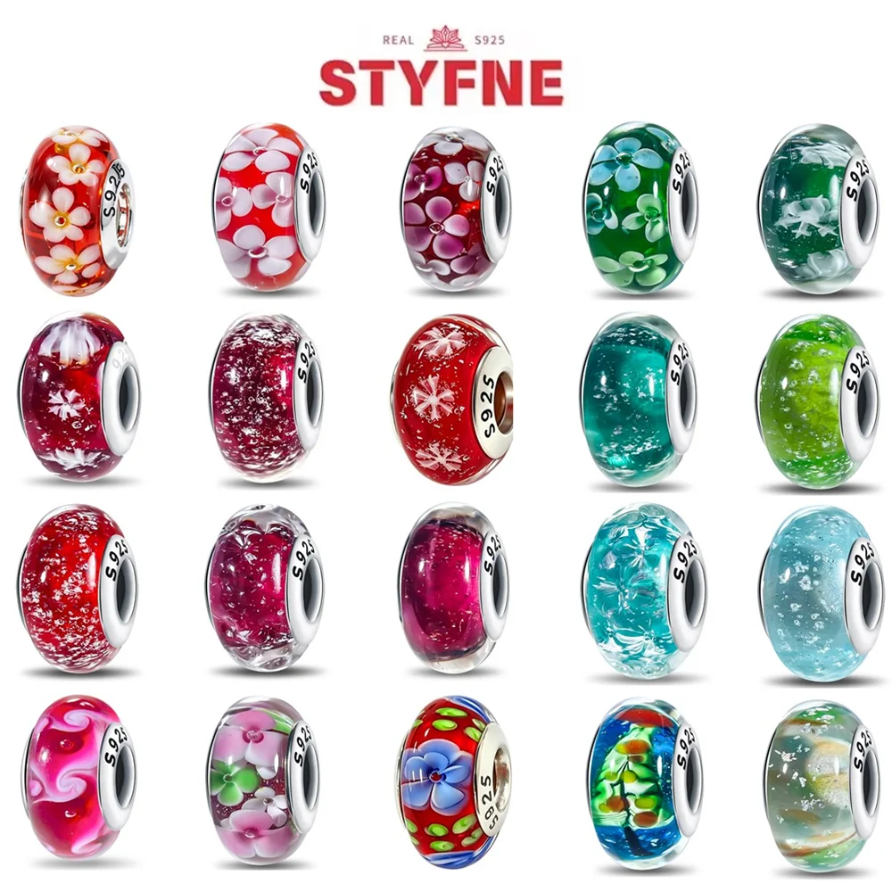 Real Sterling Silver 925 Flower Charms Glass New Original Bead Colorful Murano Fit Original Bracelet DIY for Women Jewelry Gifts