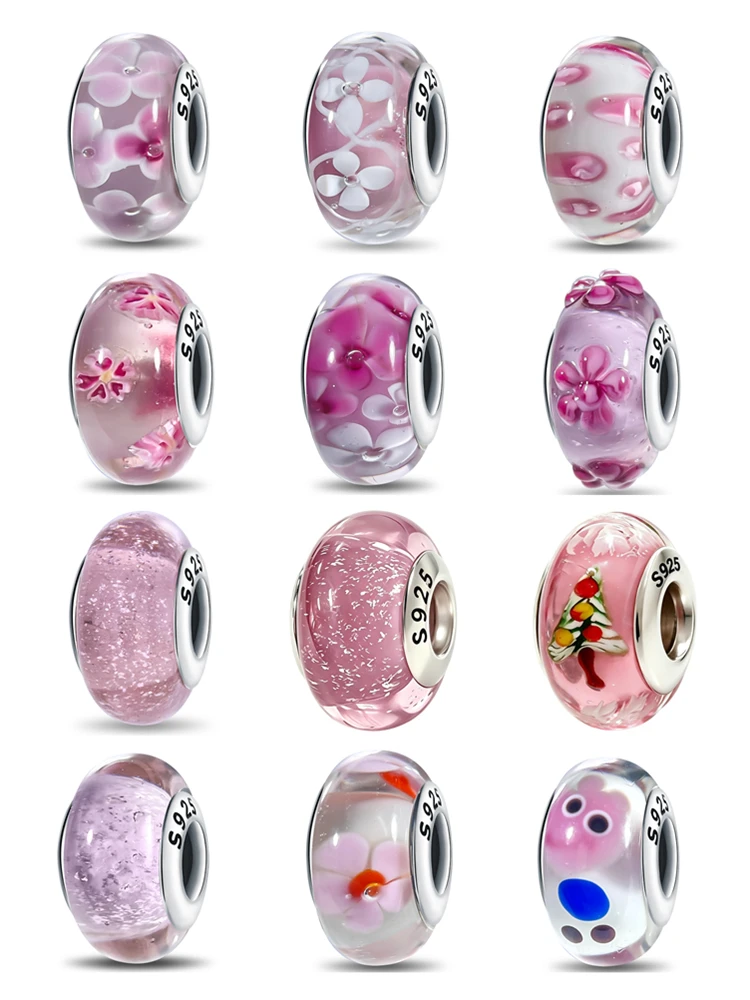 Real Sterling Silver 925 Flower Charms Glass New Original Bead Colorful Murano Fit Original Bracelet DIY for Women Jewelry Gifts