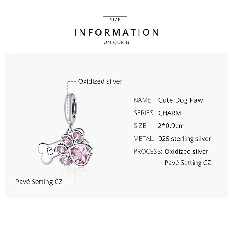 WOSTU Dog Charms Pendant 925 Sterling Silver Zirconia Animal Pooch Doggy Bulldog Beads Fit Original Bracelet Pendant DIY Jewelry