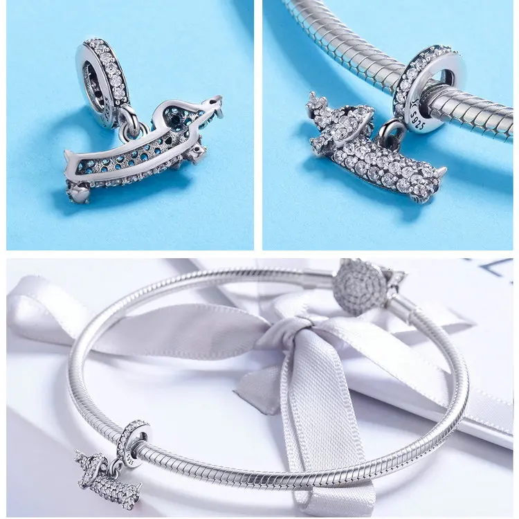 WOSTU Dog Charms Pendant 925 Sterling Silver Zirconia Animal Pooch Doggy Bulldog Beads Fit Original Bracelet Pendant DIY Jewelry