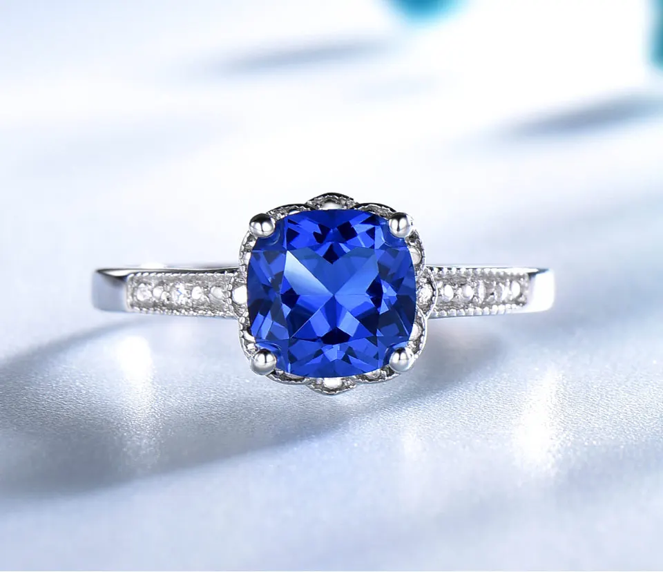 Nano Tanzanite Rings 925 Sterling Silver Ring 7mm Cushion Zircon Elegant Woman Rings