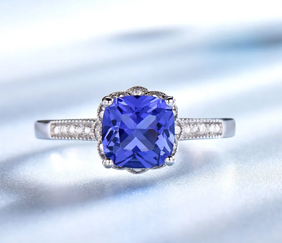 Nano Tanzanite Rings 925 Sterling Silver Ring 7mm Cushion Zircon Elegant Woman Rings