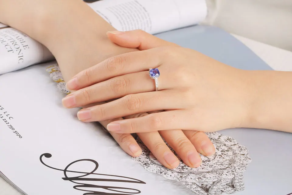 Nano Tanzanite Rings 925 Sterling Silver Ring 7mm Cushion Zircon Elegant Woman Rings