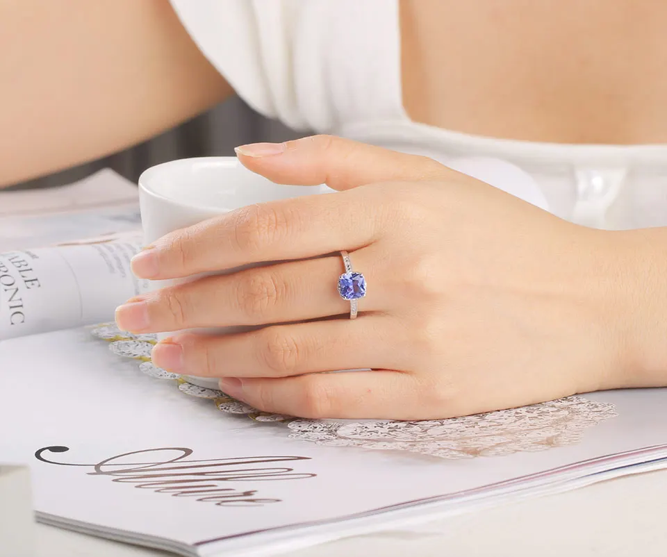 Nano Tanzanite Rings 925 Sterling Silver Ring 7mm Cushion Zircon Elegant Woman Rings