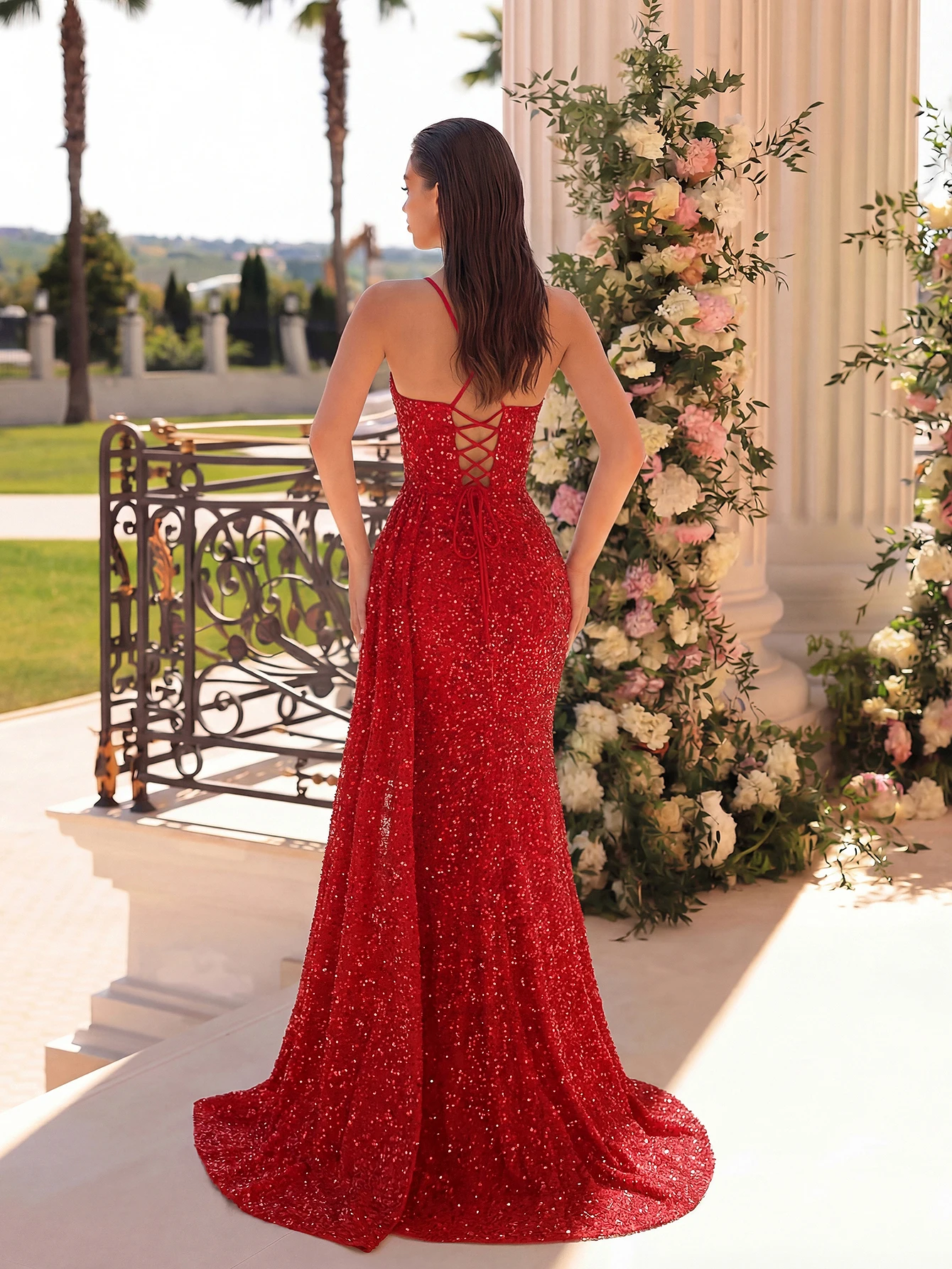 Adyce 2026 Sequin Women Cross Straps Prom Diamond Dress Backless High Slit Lace-Up Spaghetti Strap Mesh Dresses Party Vestidos