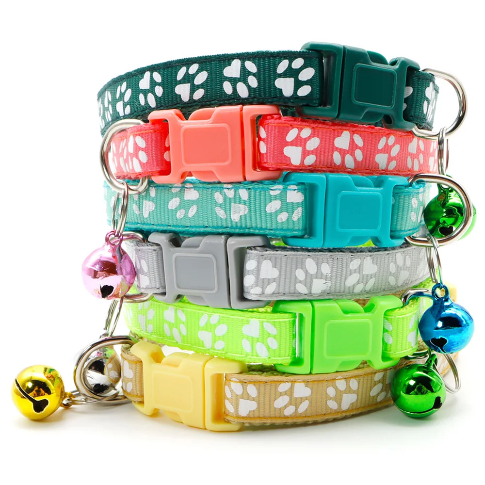 12Pcs Wholesale Mix Color Anti-Lost Dog Collars Pet Cat Puppy Buckle Collar with Bell 6 Colors Footprint