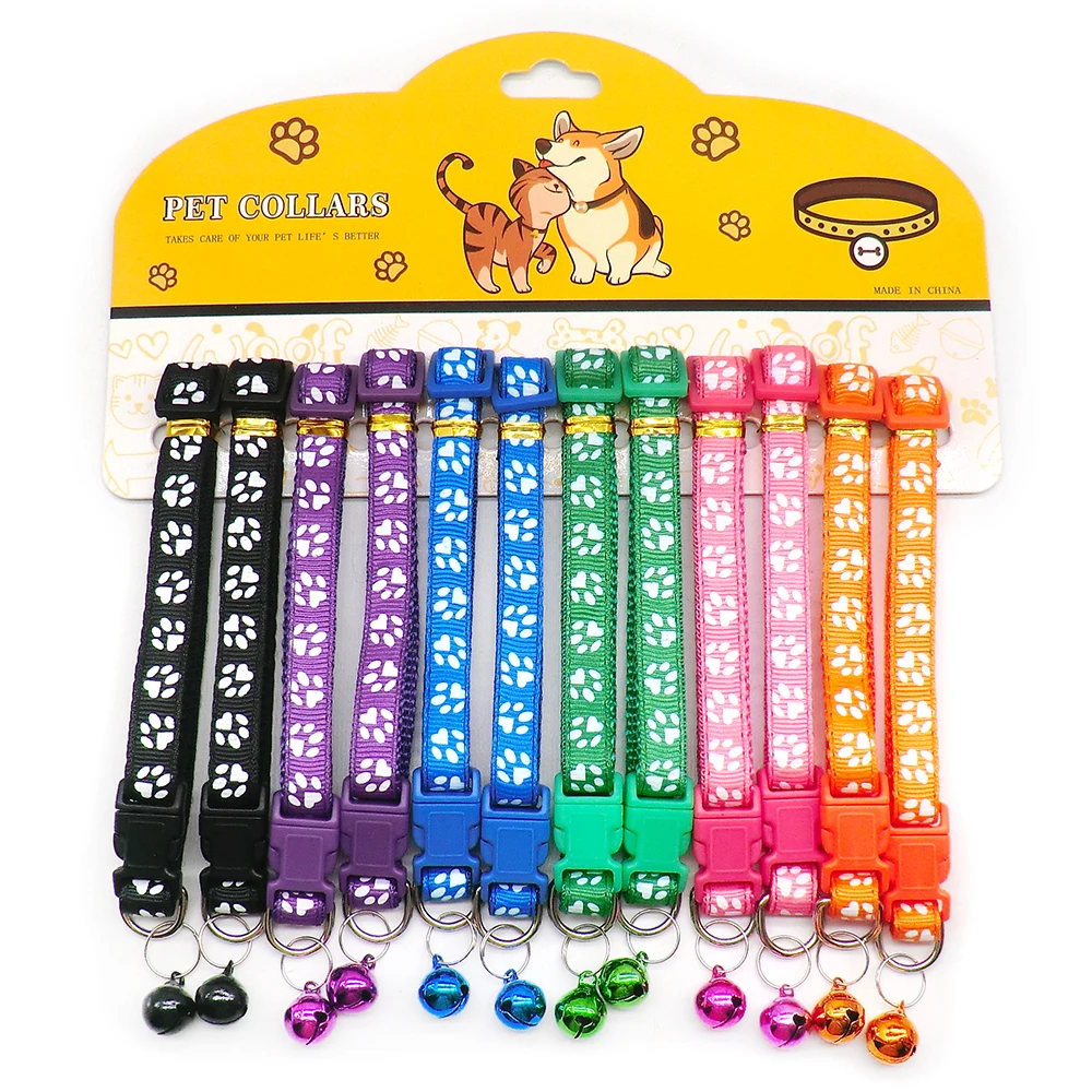 12Pcs Wholesale Mix Color Anti-Lost Dog Collars Pet Cat Puppy Buckle Collar with Bell 6 Colors Footprint
