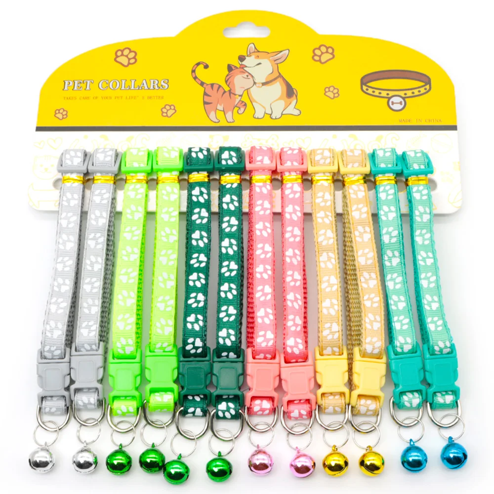 12Pcs Wholesale Mix Color Anti-Lost Dog Collars Pet Cat Puppy Buckle Collar with Bell 6 Colors Footprint