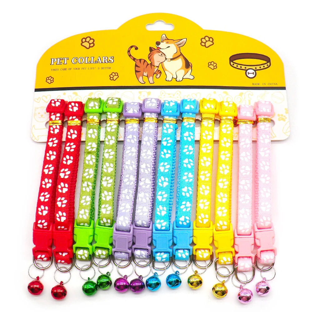 12Pcs Wholesale Mix Color Anti-Lost Dog Collars Pet Cat Puppy Buckle Collar with Bell 6 Colors Footprint