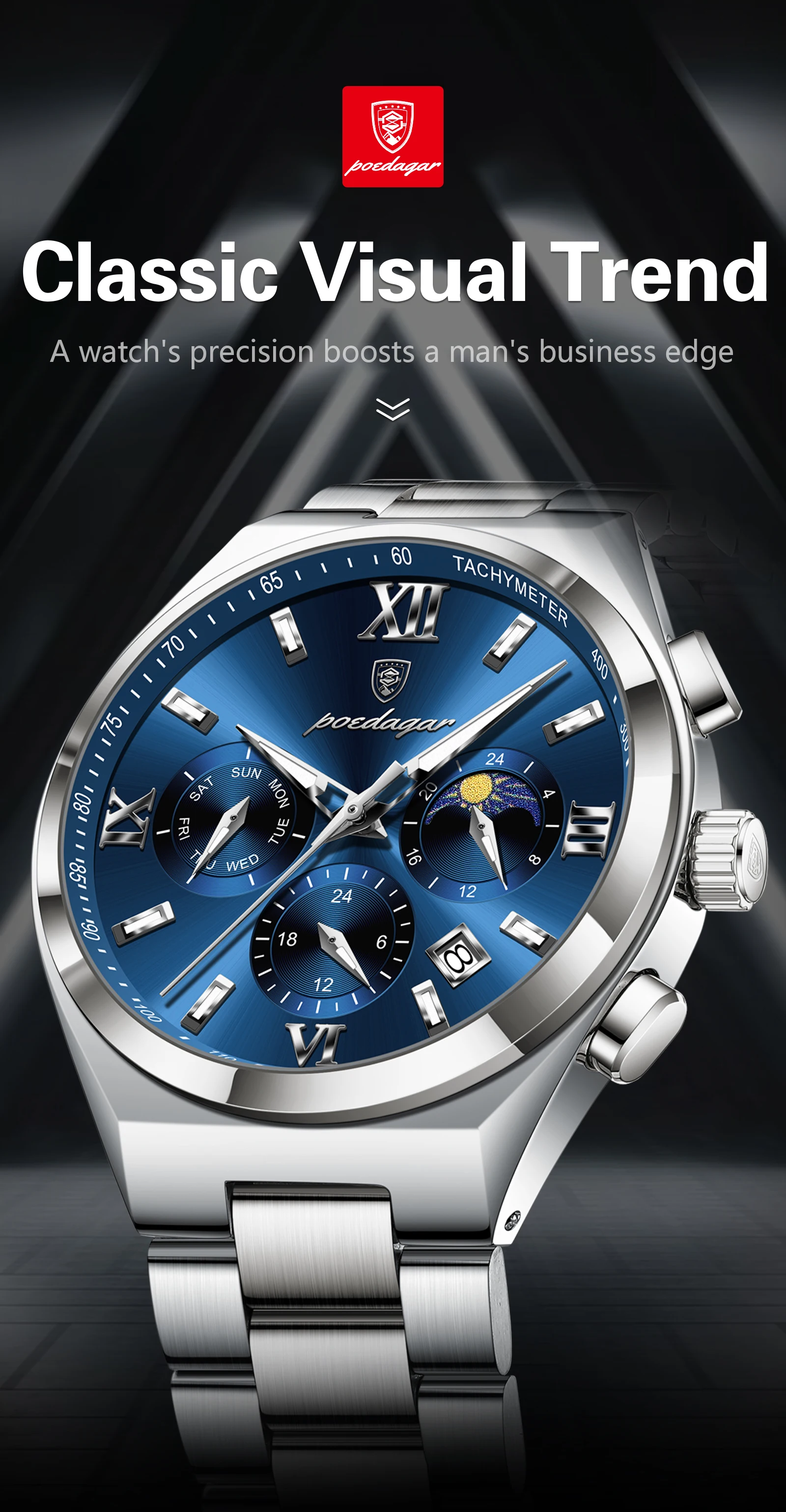 POEDAGAR Fashion Functional Man Wristwatch Luminous Week Date Business Watch For Men Stainless Steel Sports Men's Quartz Watches