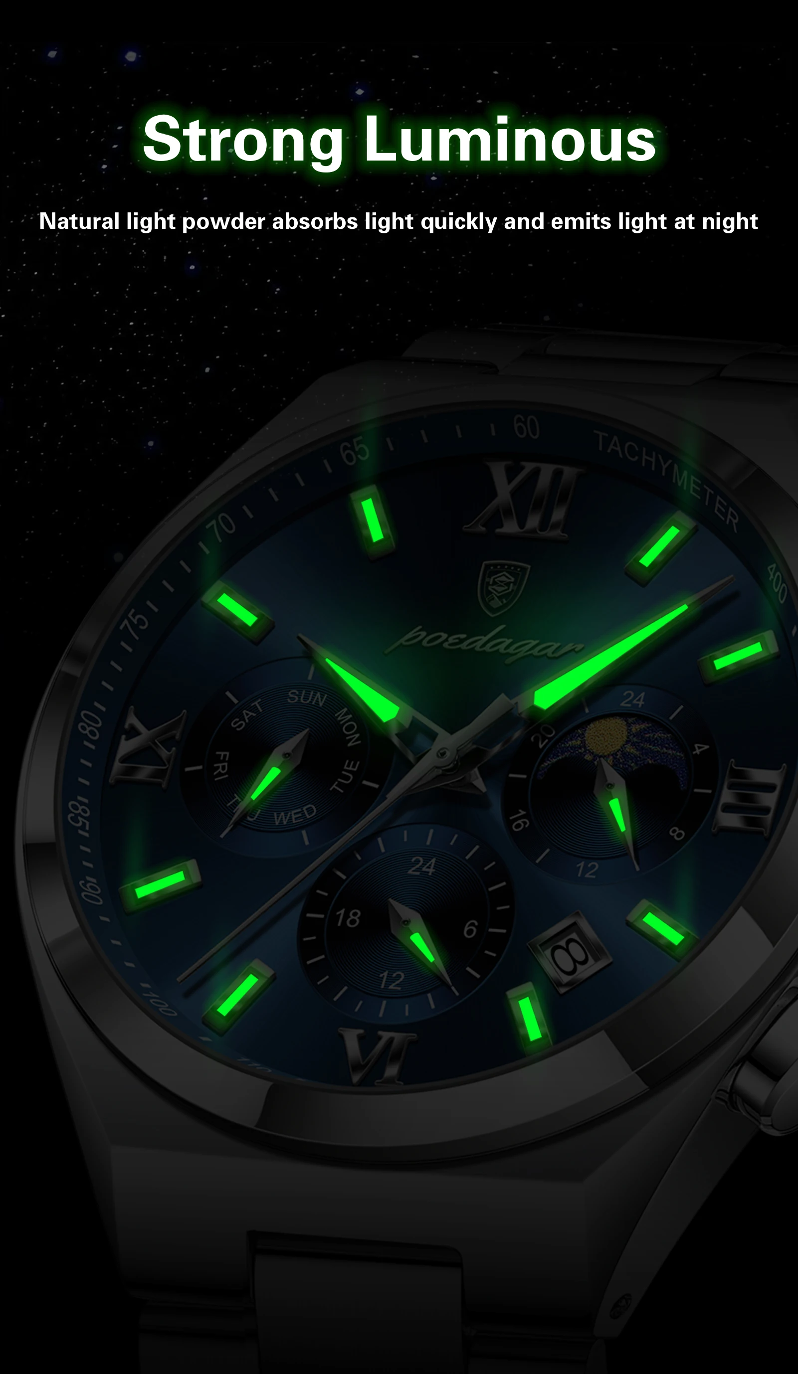 POEDAGAR Fashion Functional Man Wristwatch Luminous Week Date Business Watch For Men Stainless Steel Sports Men's Quartz Watches