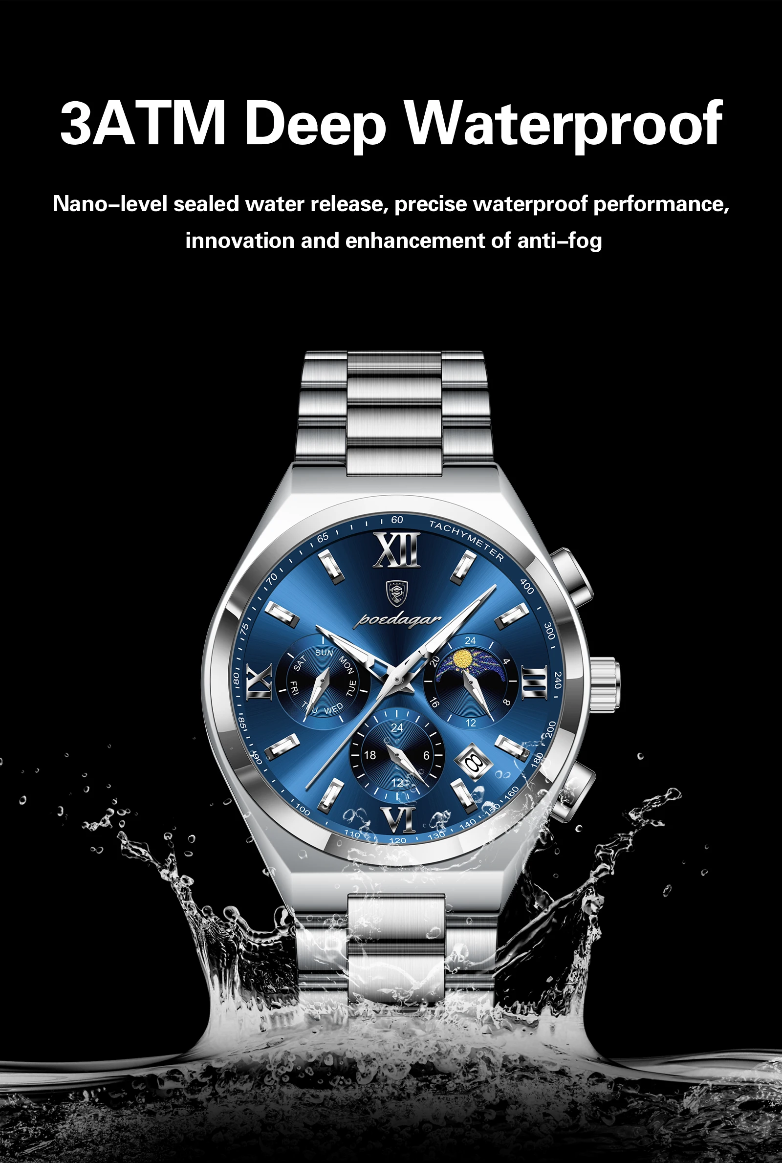 POEDAGAR Fashion Functional Man Wristwatch Luminous Week Date Business Watch For Men Stainless Steel Sports Men's Quartz Watches