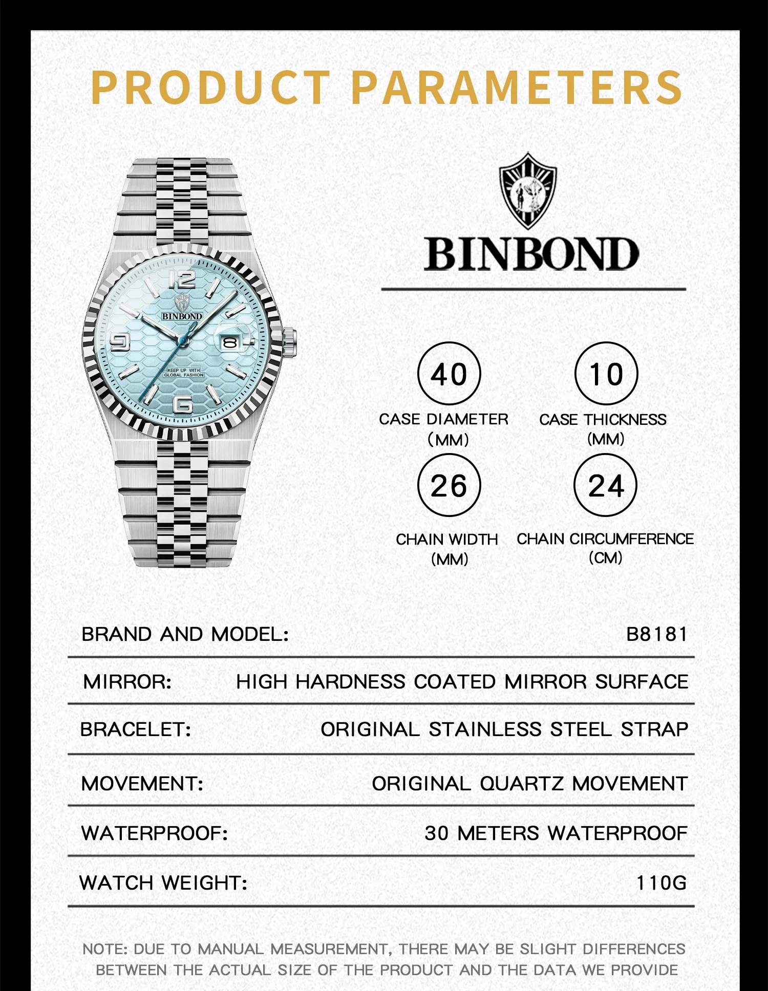 BINBOND Top Business Men's Watches Stainless Steel Textured Luminous Dial Leisure Quartz Watch Waterproof Outdoor Sports Watch
