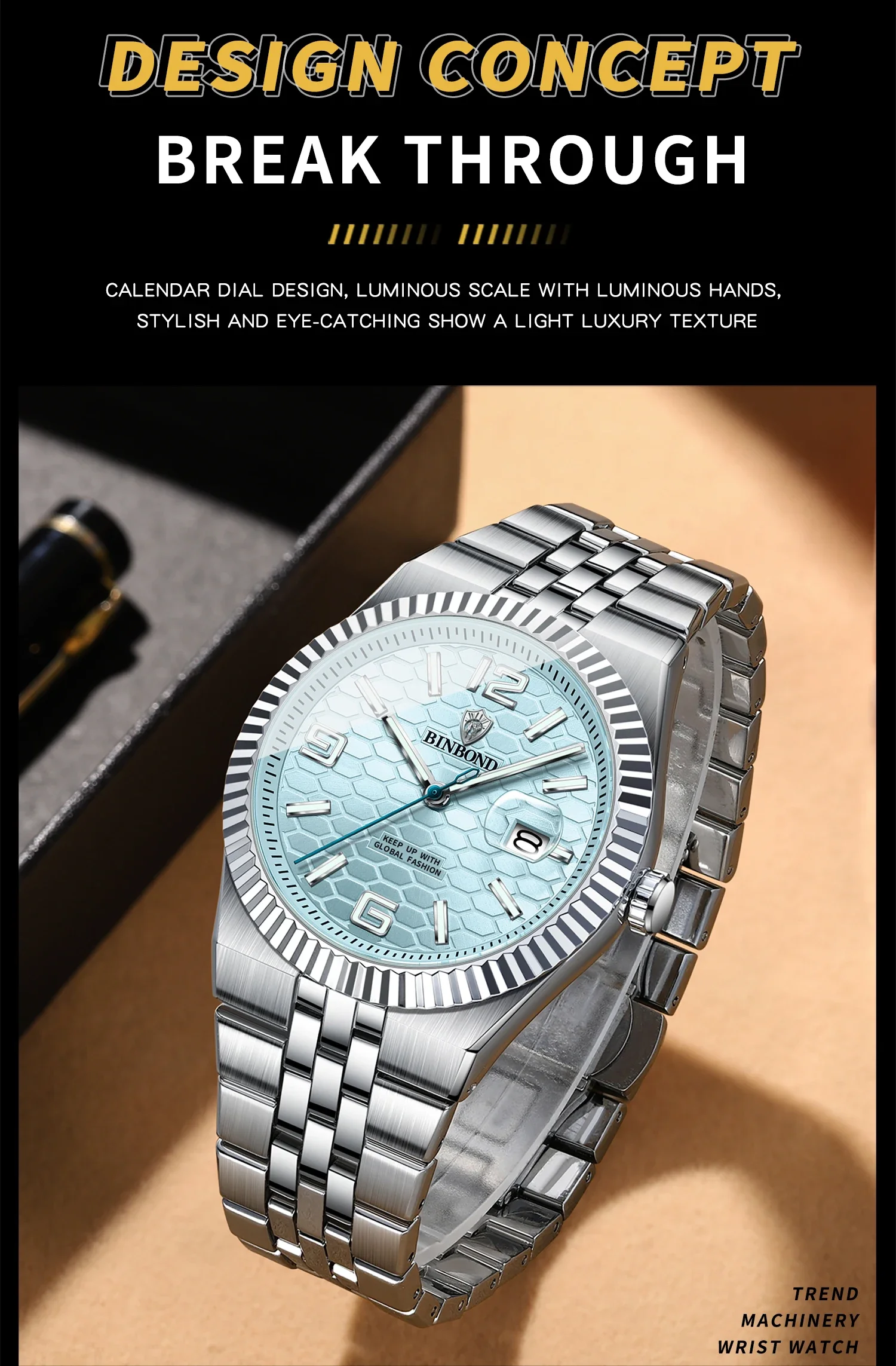 BINBOND Top Business Men's Watches Stainless Steel Textured Luminous Dial Leisure Quartz Watch Waterproof Outdoor Sports Watch