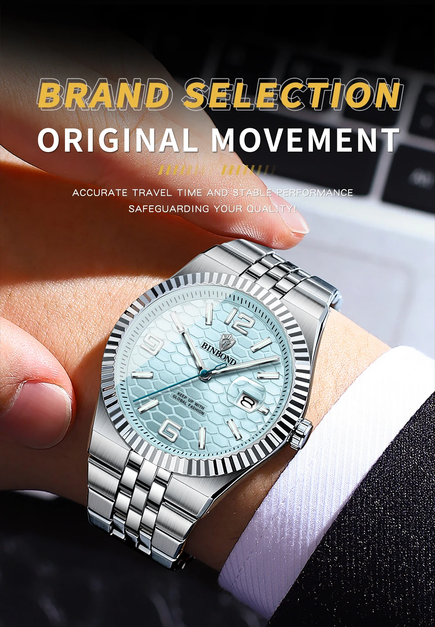 BINBOND Top Business Men's Watches Stainless Steel Textured Luminous Dial Leisure Quartz Watch Waterproof Outdoor Sports Watch