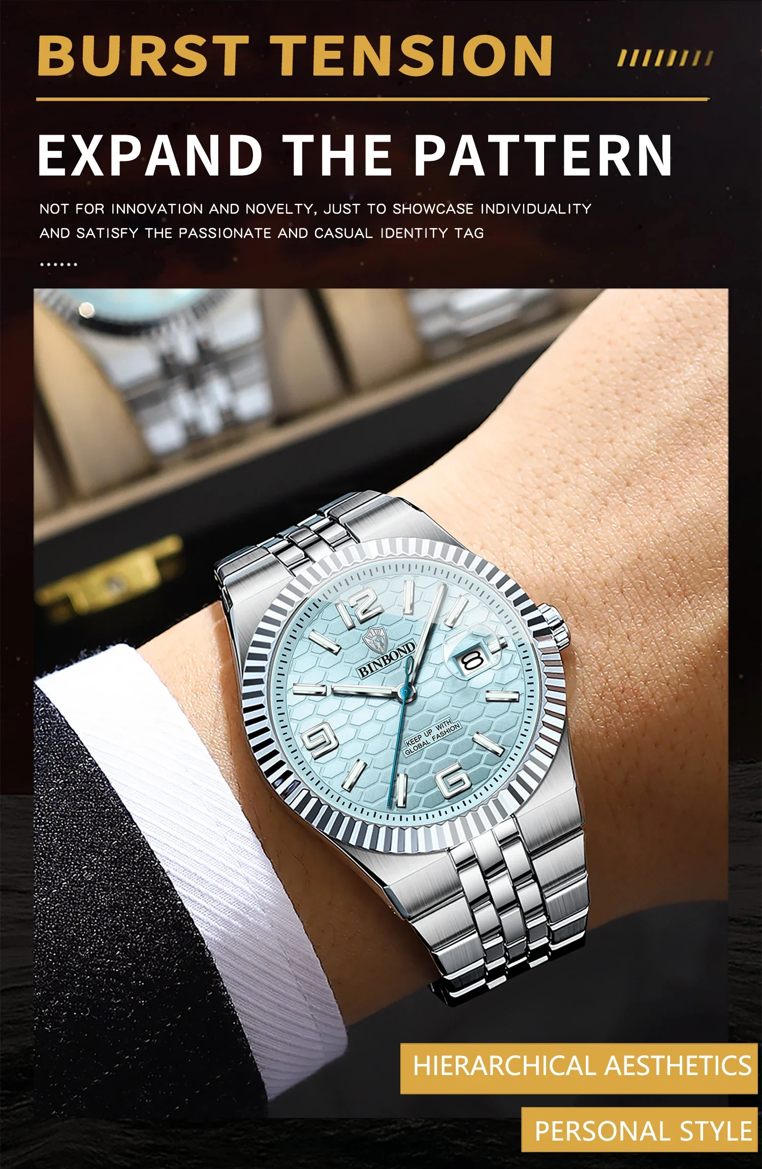 BINBOND Top Business Men's Watches Stainless Steel Textured Luminous Dial Leisure Quartz Watch Waterproof Outdoor Sports Watch