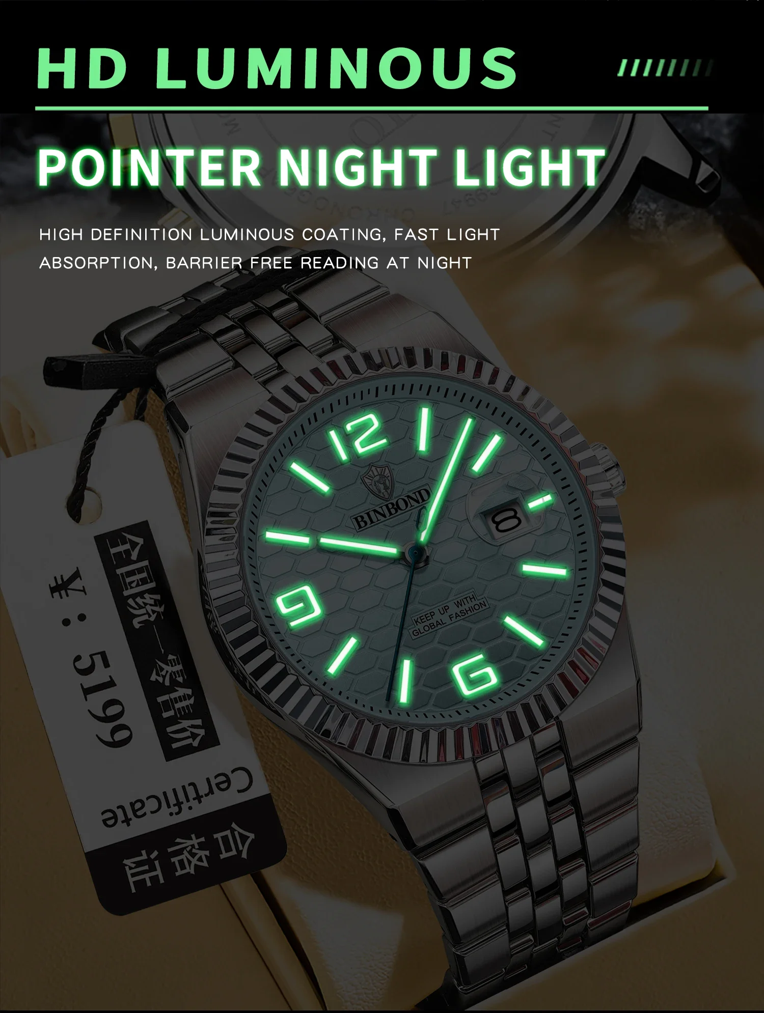 BINBOND Top Business Men's Watches Stainless Steel Textured Luminous Dial Leisure Quartz Watch Waterproof Outdoor Sports Watch