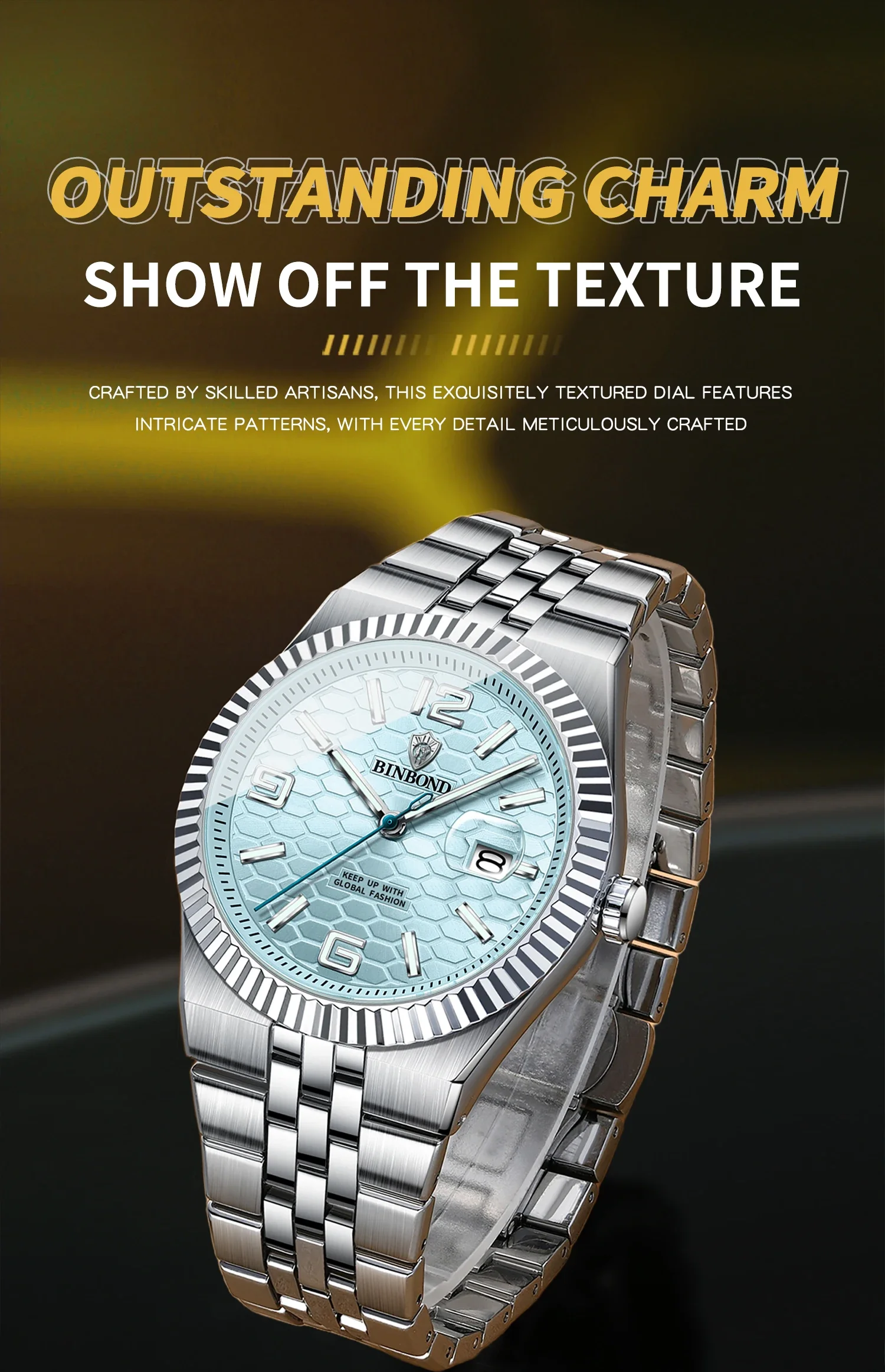 BINBOND Top Business Men's Watches Stainless Steel Textured Luminous Dial Leisure Quartz Watch Waterproof Outdoor Sports Watch
