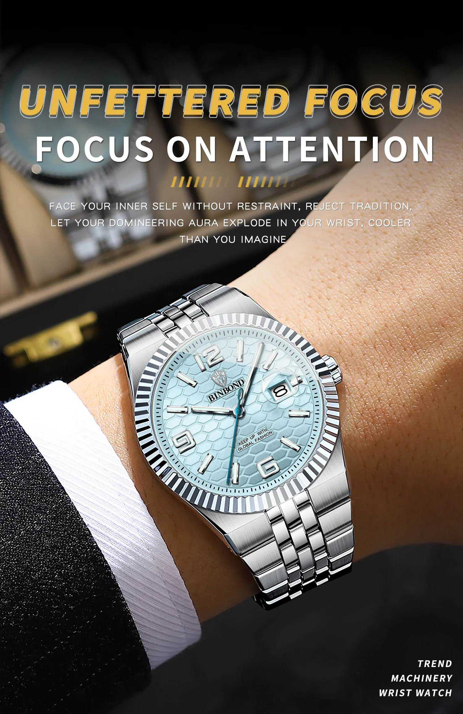 BINBOND Top Business Men's Watches Stainless Steel Textured Luminous Dial Leisure Quartz Watch Waterproof Outdoor Sports Watch