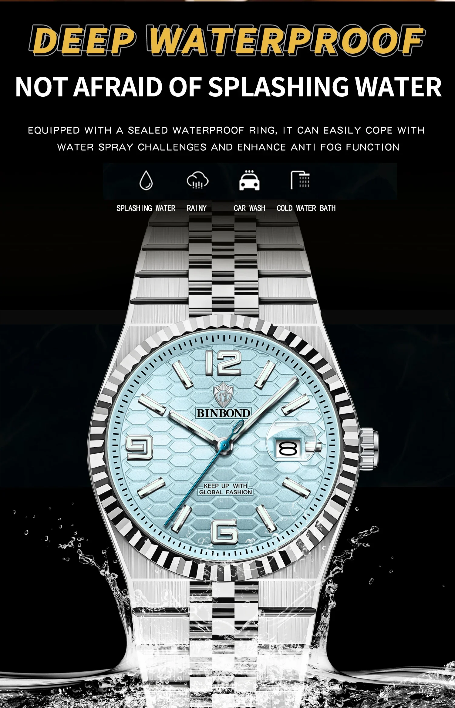 BINBOND Top Business Men's Watches Stainless Steel Textured Luminous Dial Leisure Quartz Watch Waterproof Outdoor Sports Watch
