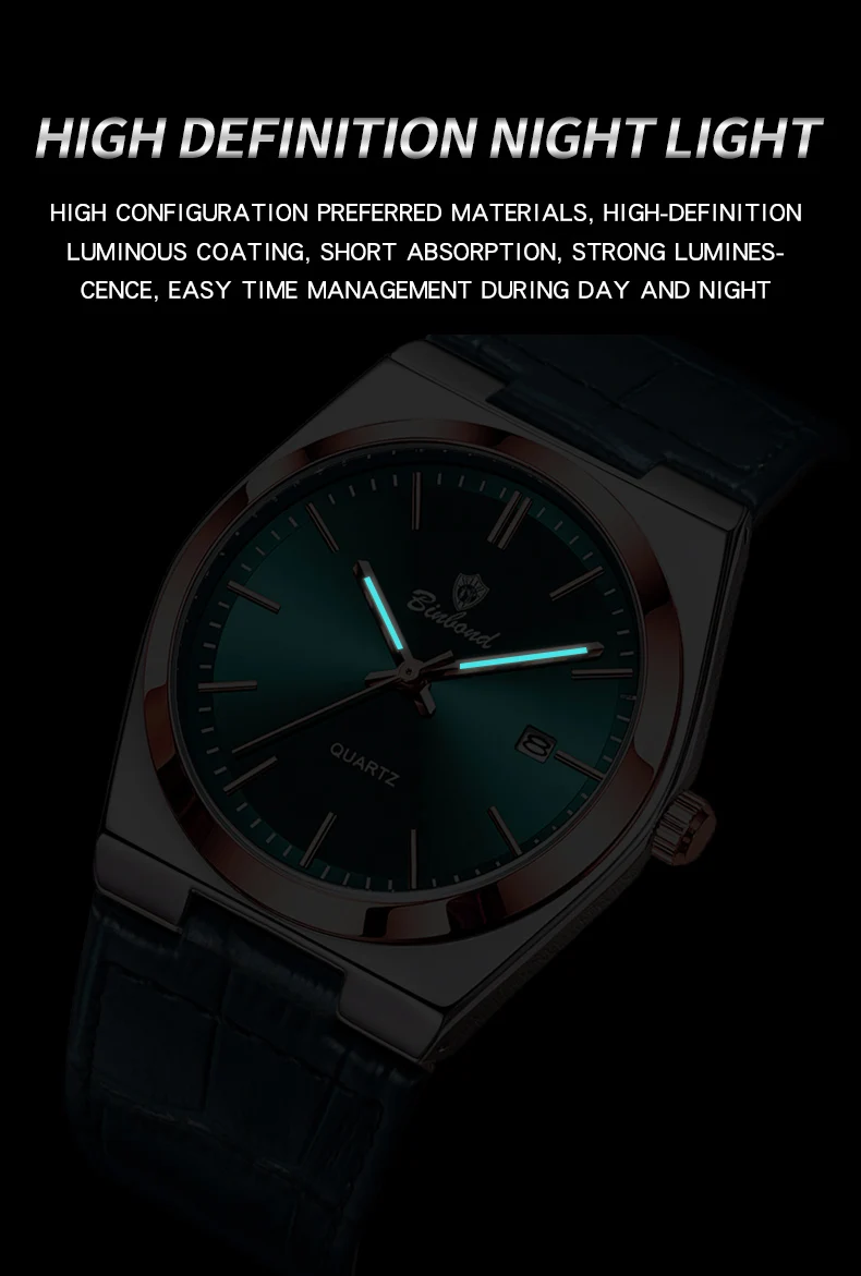 BINBOND Luxury Quartz Wristwatches Luminous Waterproof Auto Date Men's Watch Business Sport Fashion Casual Reloj Leather Clock