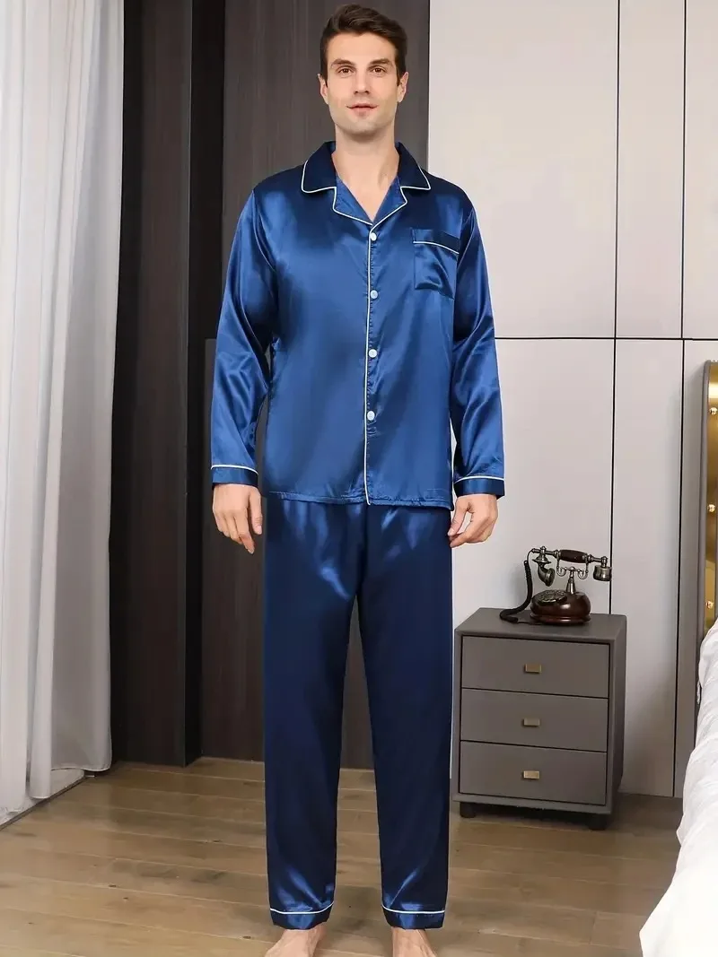 Men Pajamas Set Silk Satin Nightwear Shirt Long Sleeve Pijama Male Fashion Soft Home Suit Big Size Spring Sleepwear For Sleeping