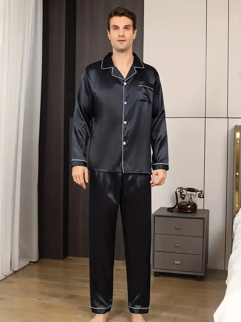 Men Pajamas Set Silk Satin Nightwear Shirt Long Sleeve Pijama Male Fashion Soft Home Suit Big Size Spring Sleepwear For Sleeping