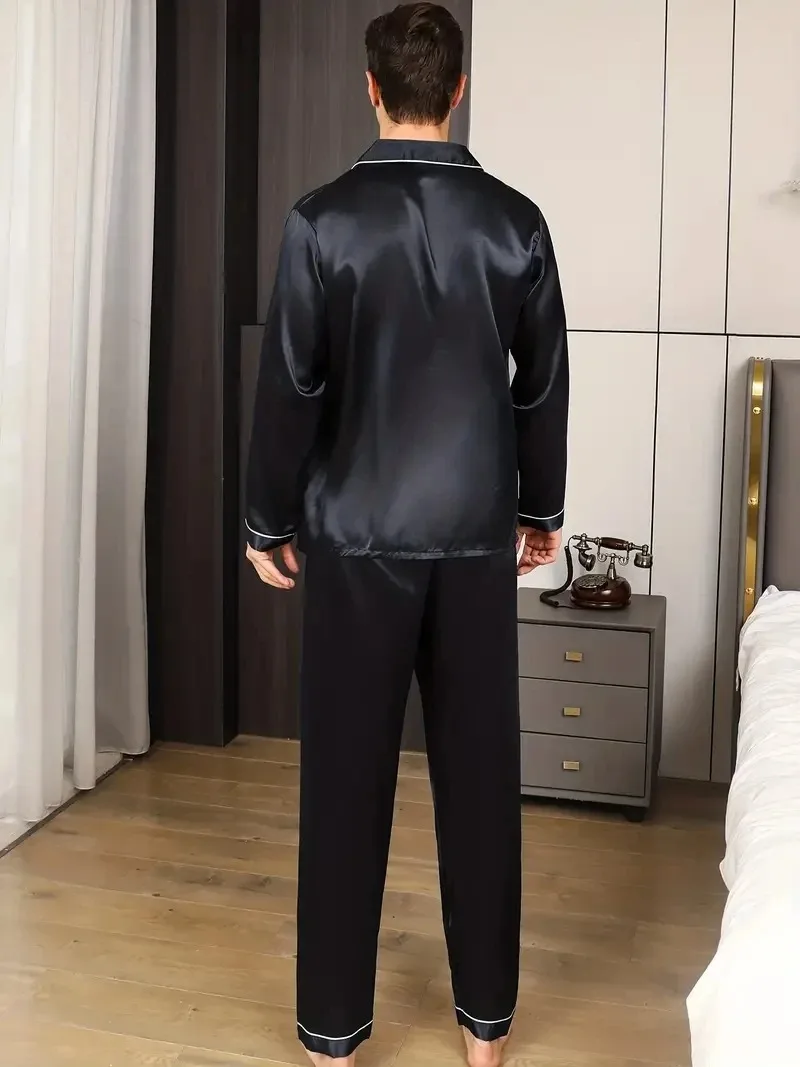 Men Pajamas Set Silk Satin Nightwear Shirt Long Sleeve Pijama Male Fashion Soft Home Suit Big Size Spring Sleepwear For Sleeping
