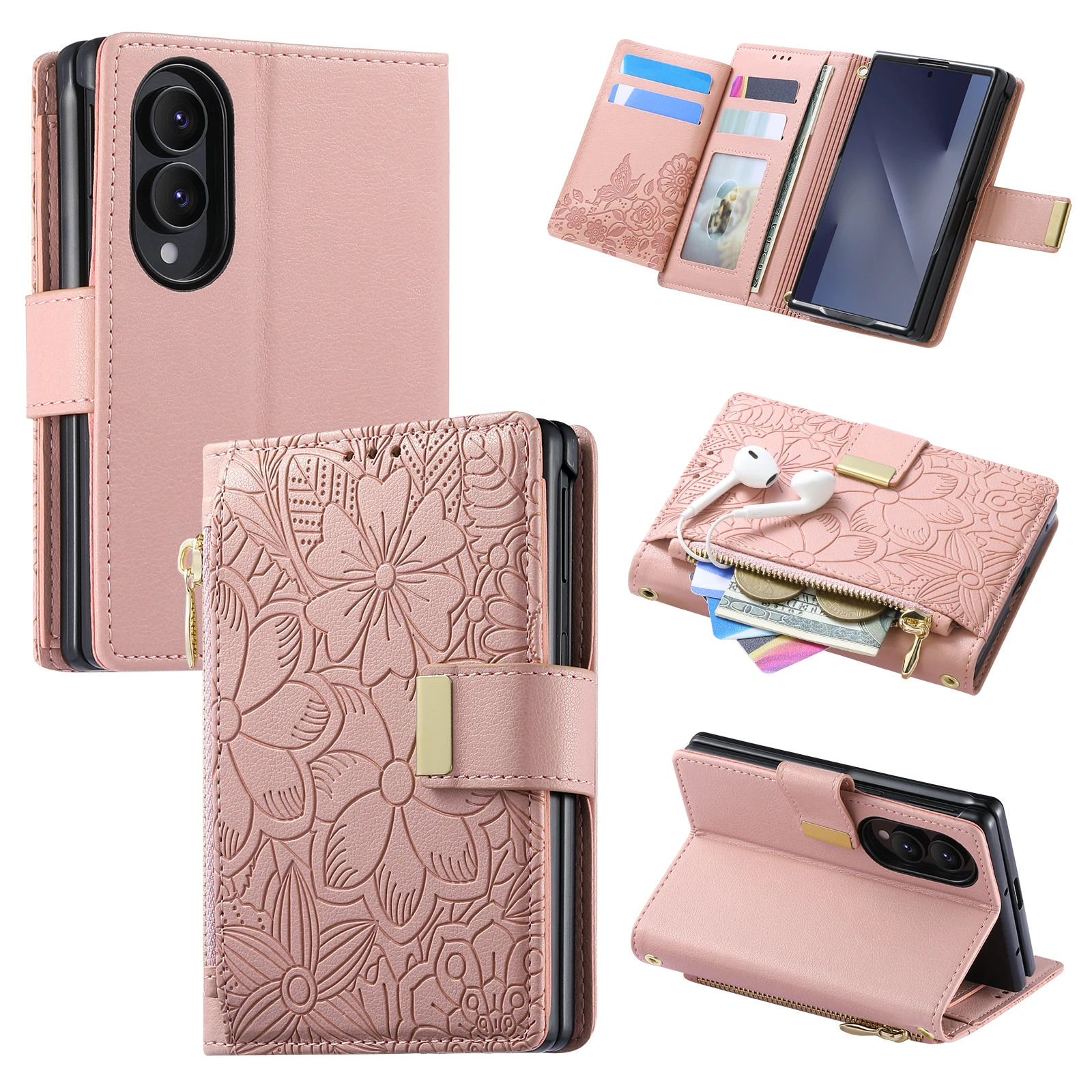 Fashionable Embossed Zipper Flip Card Slot Wallet Leather Case for Samsung Z Fold 8 Wide Shockproof Book Stand Slim fit Cover