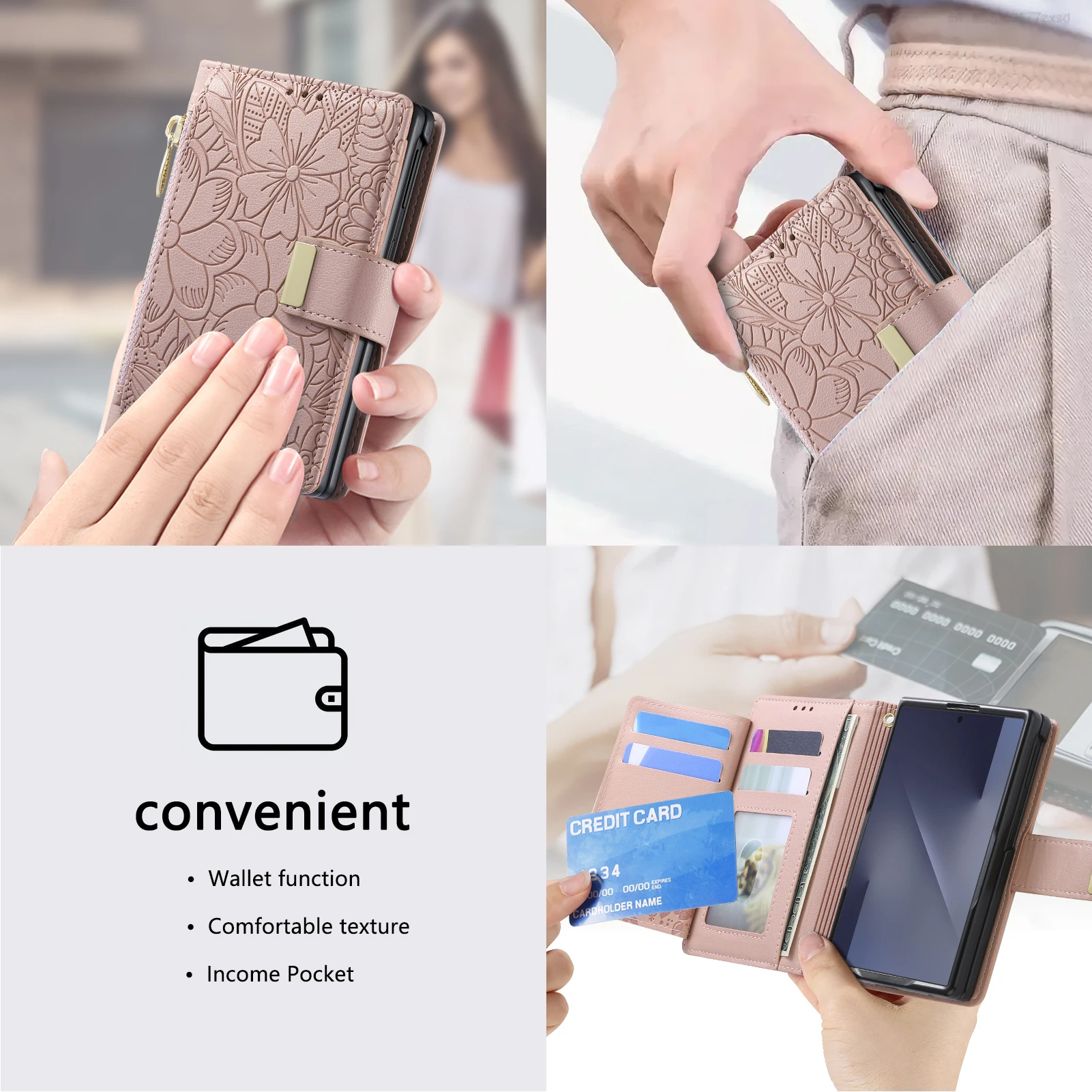 Fashionable Embossed Zipper Flip Card Slot Wallet Leather Case for Samsung Z Fold 8 Wide Shockproof Book Stand Slim fit Cover