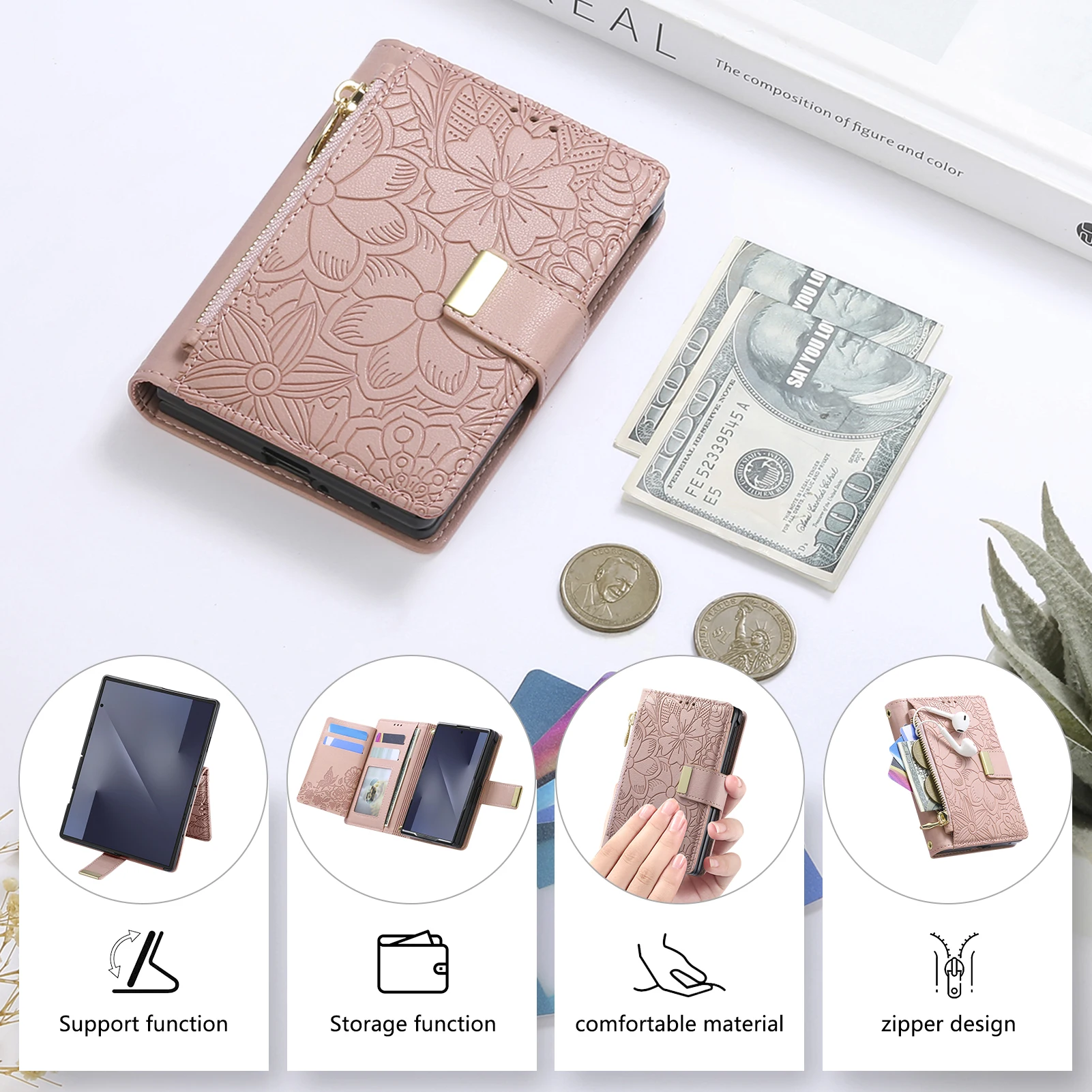 Fashionable Embossed Zipper Flip Card Slot Wallet Leather Case for Samsung Z Fold 8 Wide Shockproof Book Stand Slim fit Cover