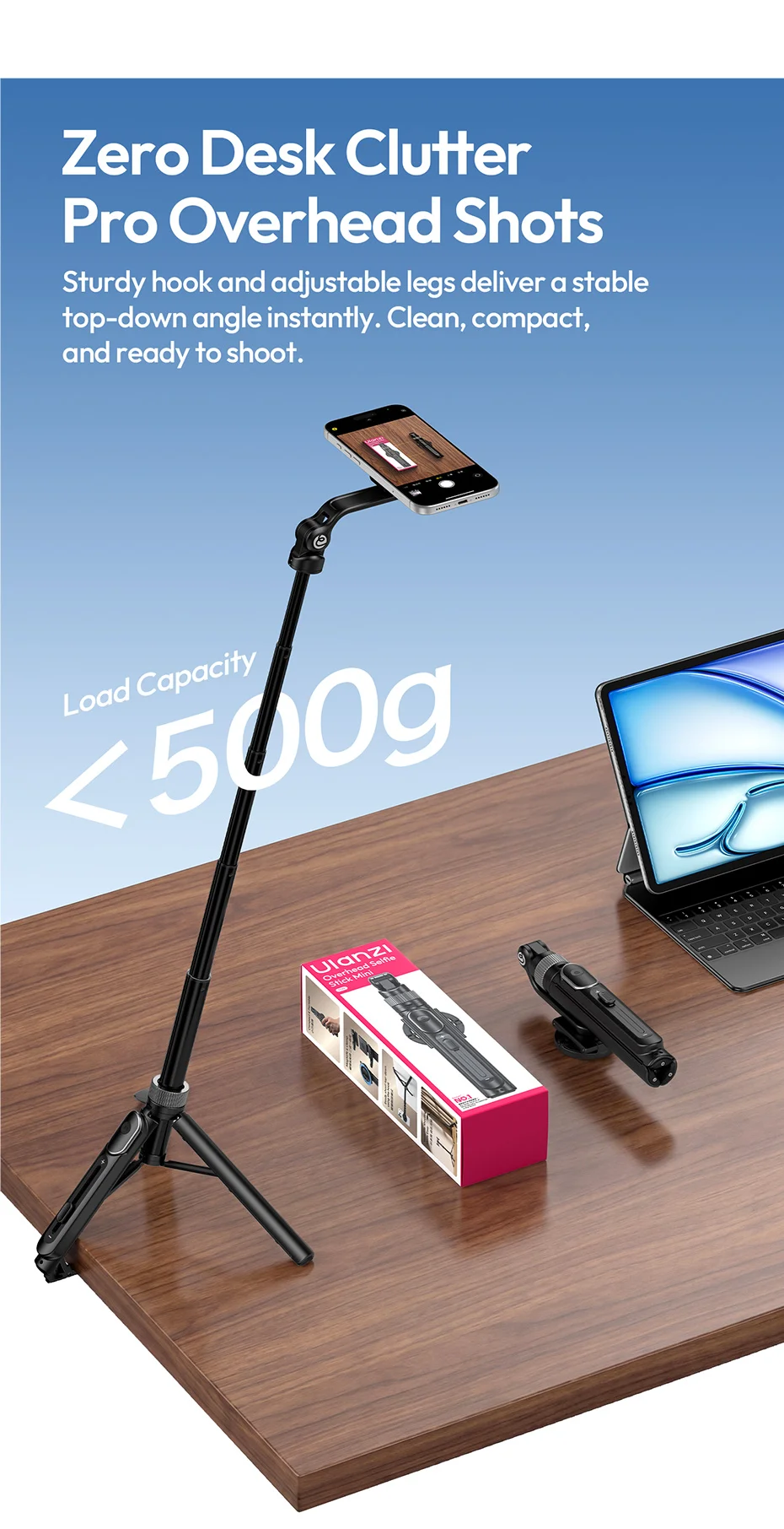 Ulanzi TT86 Mini Overhead Selfie Stick Tripod Magnetic&Clamp for Smartphone Selfie Stick for Outdoor Travel Photography