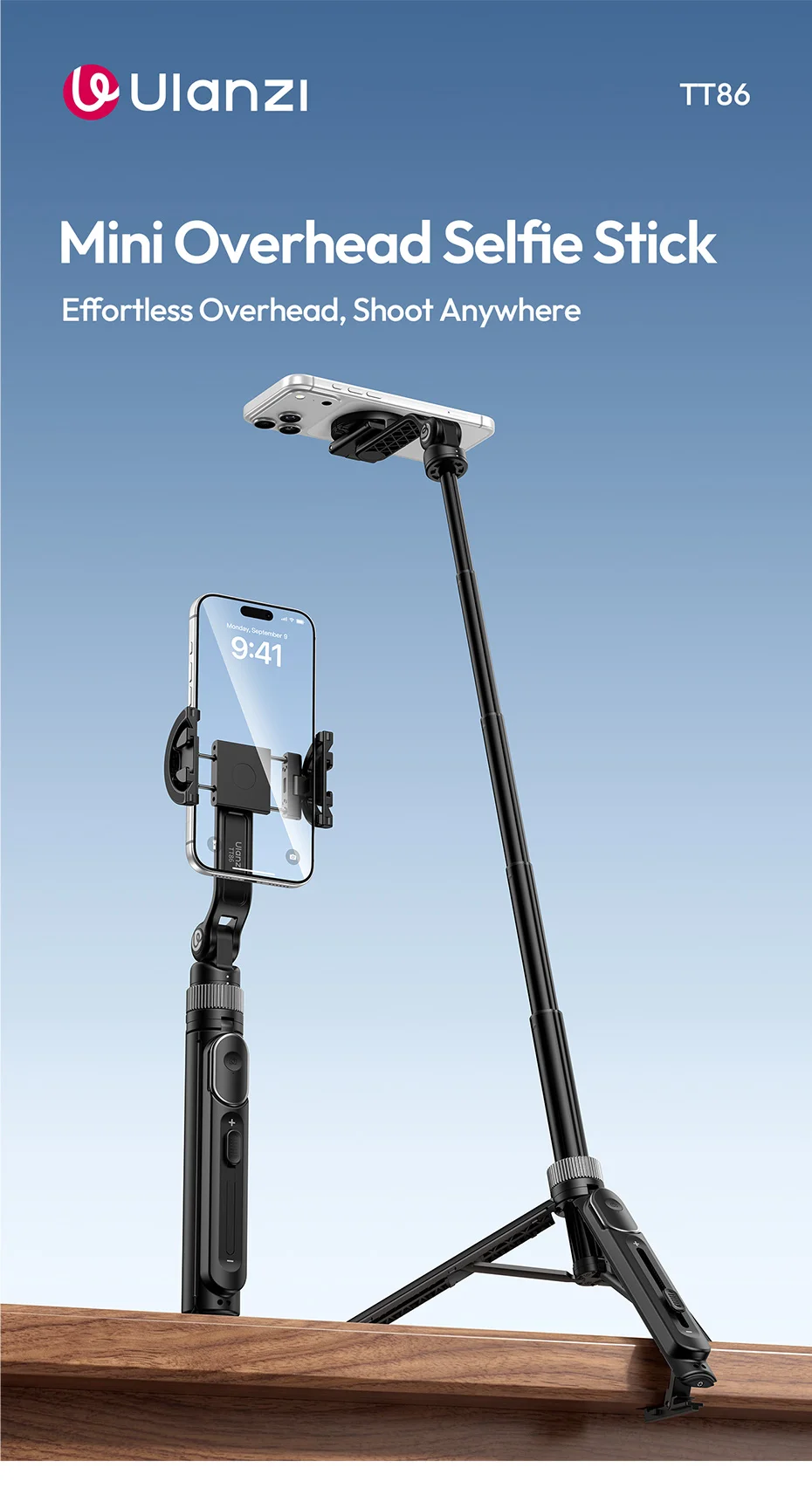 Ulanzi TT86 Mini Overhead Selfie Stick Tripod Magnetic&Clamp for Smartphone Selfie Stick for Outdoor Travel Photography
