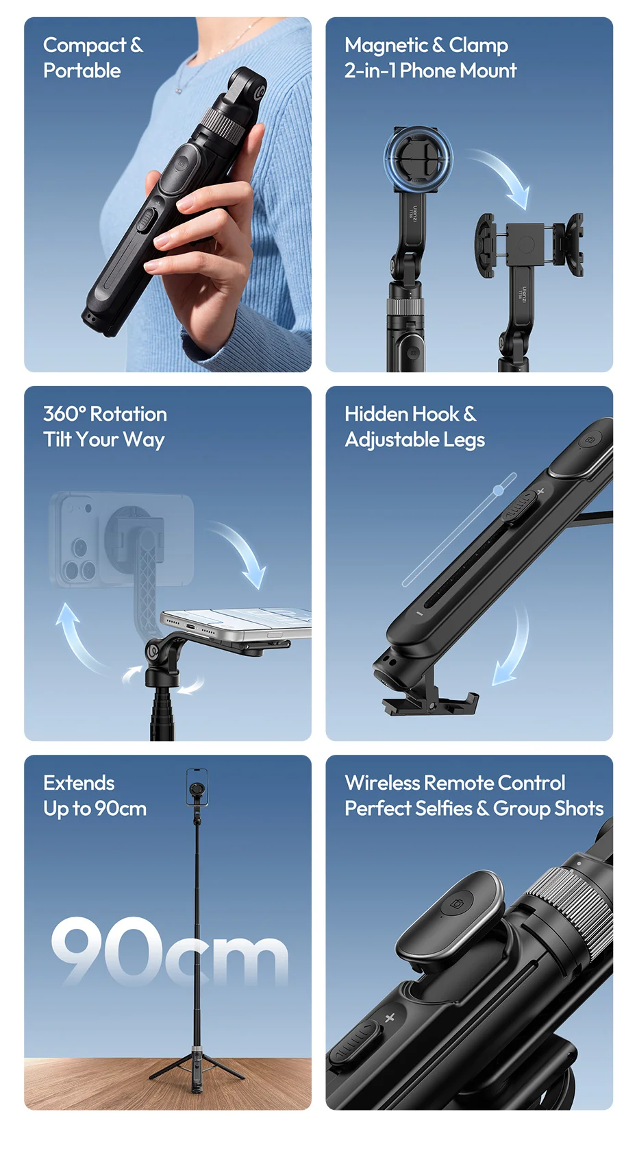 Ulanzi TT86 Mini Overhead Selfie Stick Tripod Magnetic&Clamp for Smartphone Selfie Stick for Outdoor Travel Photography