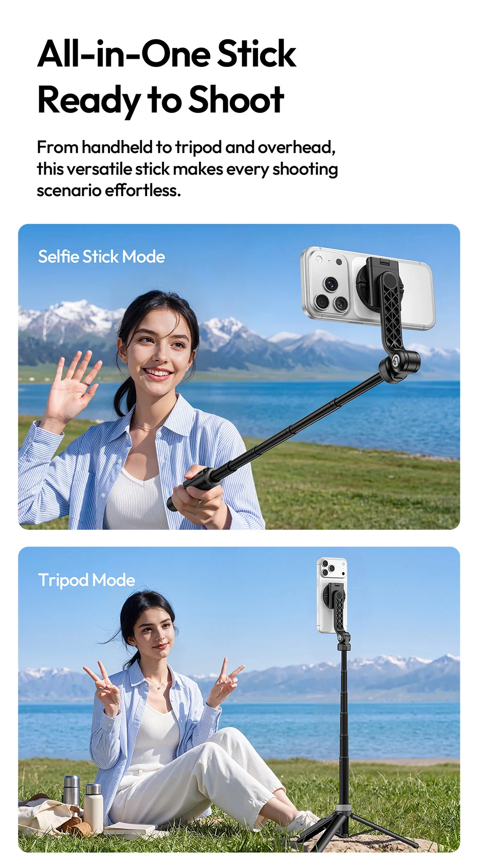 Ulanzi TT86 Mini Overhead Selfie Stick Tripod Magnetic&Clamp for Smartphone Selfie Stick for Outdoor Travel Photography