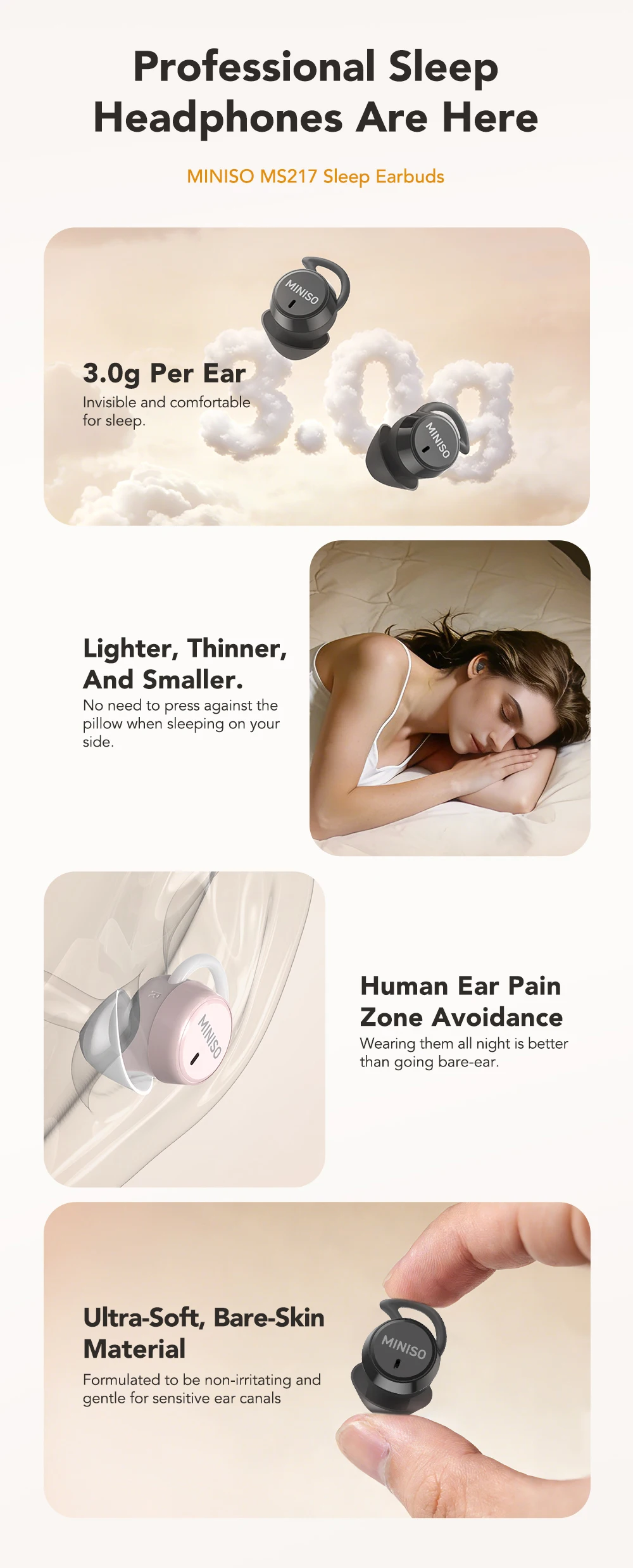 MINISO MS217 Sleep Aid Headphones Bluetooth Earphone AI Translation Earbuds in-Ear Wireless Headphones Sleep Friendly