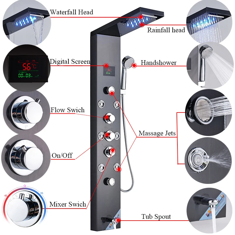 Newly Luxury Black/Brushed Bathroom Shower Faucet LED Shower Panel Column Bathtub Mixer Tap With Hand Shower Temperature Screen