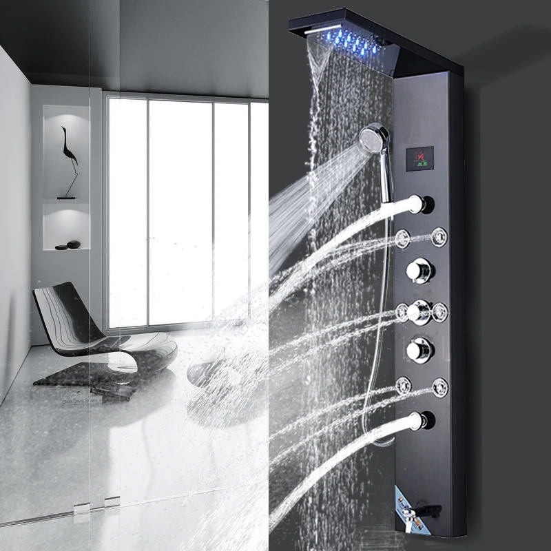 Newly Luxury Black/Brushed Bathroom Shower Faucet LED Shower Panel Column Bathtub Mixer Tap With Hand Shower Temperature Screen