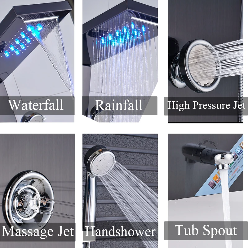 Newly Luxury Black/Brushed Bathroom Shower Faucet LED Shower Panel Column Bathtub Mixer Tap With Hand Shower Temperature Screen