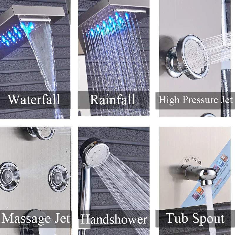 Newly Luxury Black/Brushed Bathroom Shower Faucet LED Shower Panel Column Bathtub Mixer Tap With Hand Shower Temperature Screen