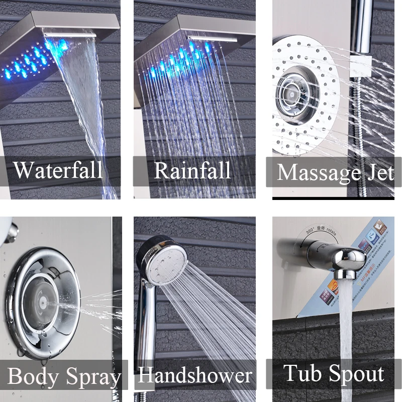 Newly Luxury Black/Brushed Bathroom Shower Faucet LED Shower Panel Column Bathtub Mixer Tap With Hand Shower Temperature Screen