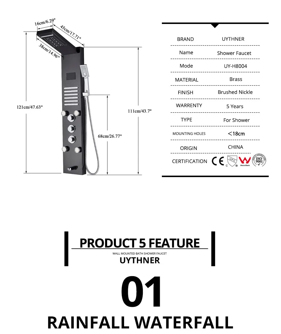 Newly Luxury Black/Brushed Bathroom Shower Faucet LED Shower Panel Column Bathtub Mixer Tap With Hand Shower Temperature Screen