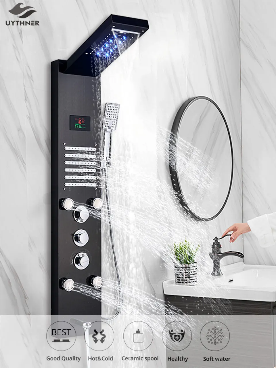 Newly Luxury Black/Brushed Bathroom Shower Faucet LED Shower Panel Column Bathtub Mixer Tap With Hand Shower Temperature Screen