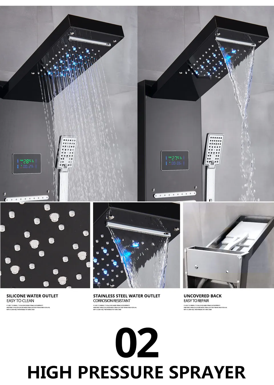 Newly Luxury Black/Brushed Bathroom Shower Faucet LED Shower Panel Column Bathtub Mixer Tap With Hand Shower Temperature Screen