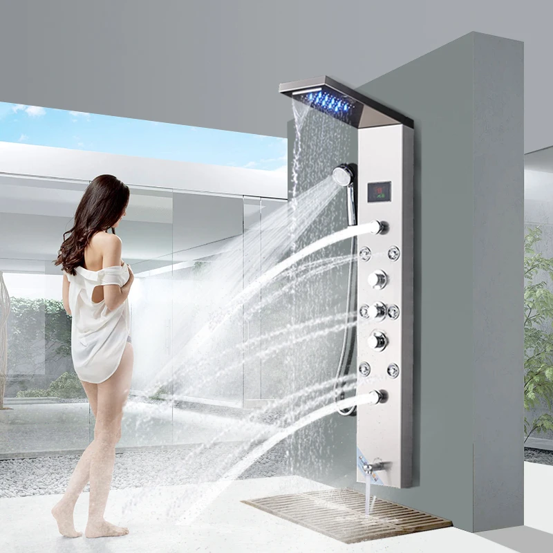 Newly Luxury Black/Brushed Bathroom Shower Faucet LED Shower Panel Column Bathtub Mixer Tap With Hand Shower Temperature Screen