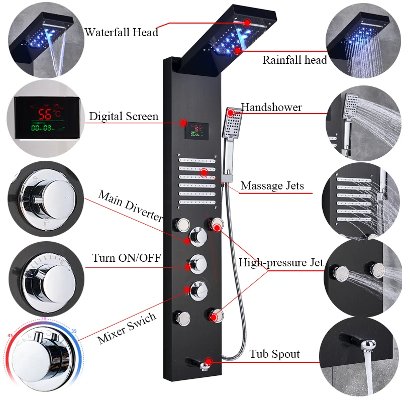Newly Luxury Black/Brushed Bathroom Shower Faucet LED Shower Panel Column Bathtub Mixer Tap With Hand Shower Temperature Screen