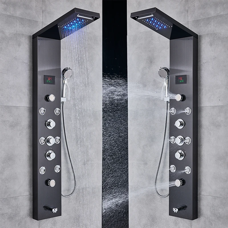 Newly Luxury Black/Brushed Bathroom Shower Faucet LED Shower Panel Column Bathtub Mixer Tap With Hand Shower Temperature Screen